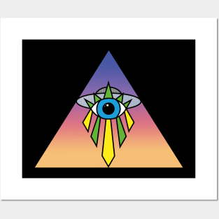 Illuminati Pyramid UFO Eye Art Deco Sunset Sky Posters and Art